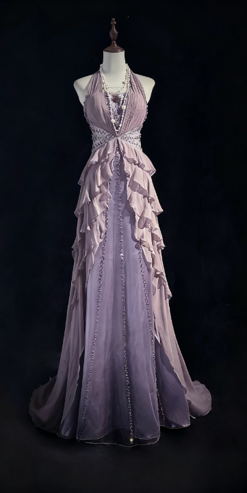 NiceVestidos--Lavender Star - Studded Bead - Embroidered Chiffon Ruffled Halter Floor - Length Ceremony Gown NV5812