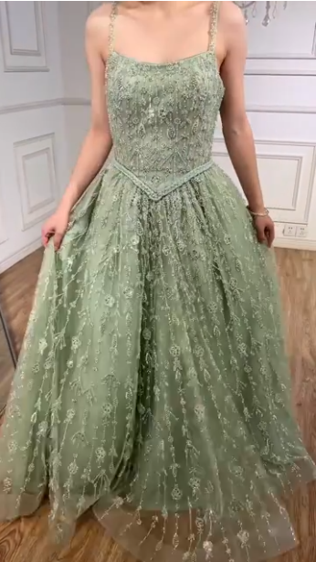 NiceVestidos--Green exquisite floral beaded sequined sparkling long prom dress ball gown NV5840