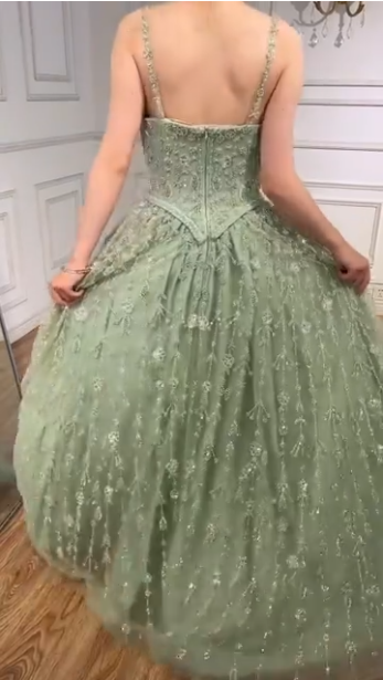 NiceVestidos--Green exquisite floral beaded sequined sparkling long prom dress ball gown NV5840