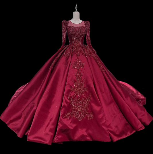NiceVestidos--Red Luxury Exquisite Beaded Tulle Satin Long Prom Dress Wedding Ball Gown NV5876