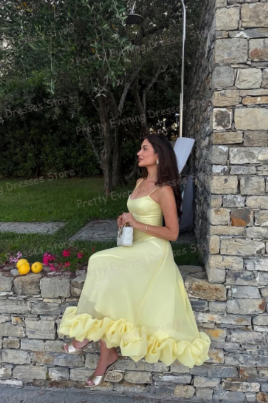 NiceVestidos--Light Yellow Spaghetti Strap Ruffled Hem French Elegant Midi Party dresses Evening Dress  NV5902