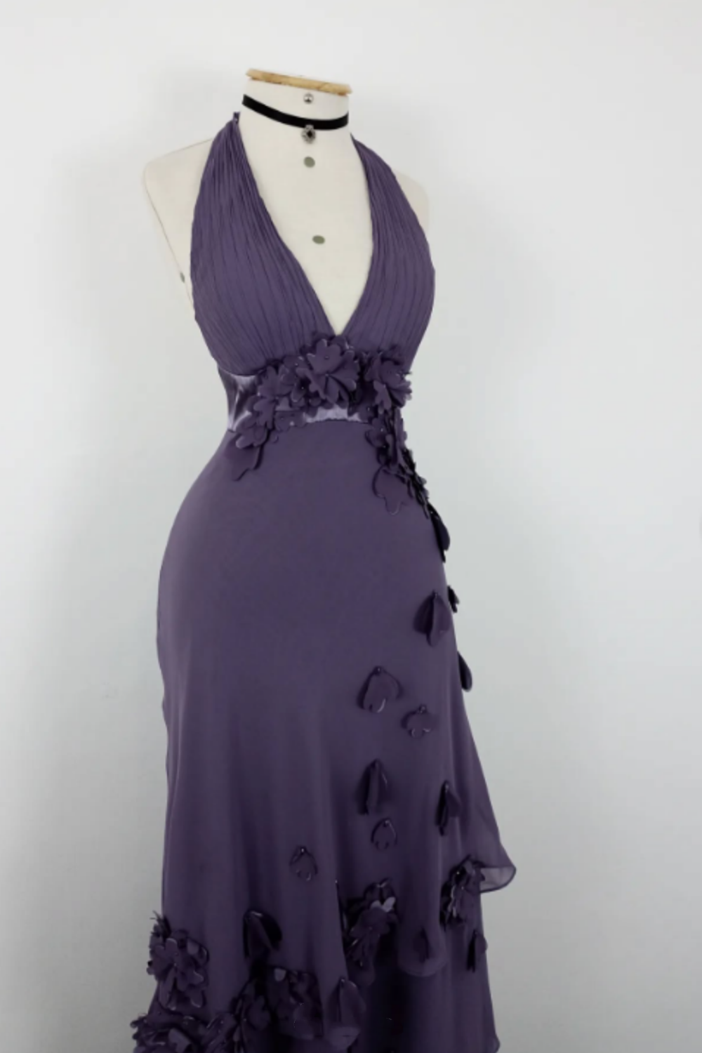 NiceVestidos--Vintage Lavender Purple 3D Floral Halter Deep V Asymmetric Ruffled Long Gown NV5908