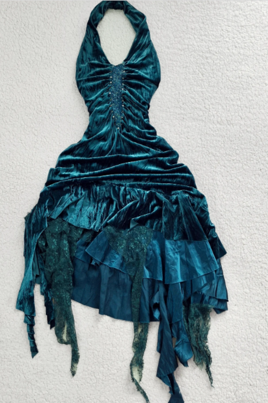 NiceVestidos-_Vintage Peacock Blue Halter Neck Velvet Lace Tiered Asymmetric Long Gothic Evening Gown NV5926