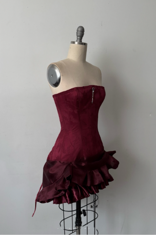 NiceVestidos-Burgundy Exquisite Beaded Short Satin Formal Prom Dress NV6157