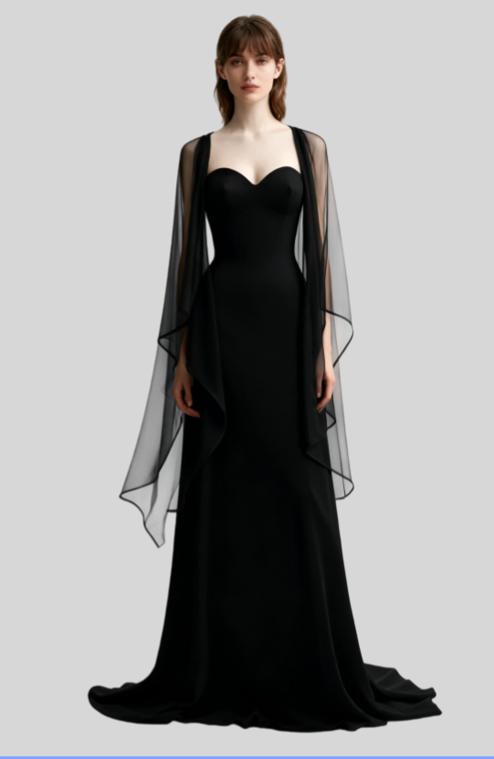 NiceVestidos – Schwarzes, langärmeliges Chiffonkleid mit herzförmigem Ausschnitt NV6013