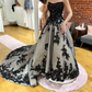 Dark Lace Gray-Black Gradient Gown | Glitter Tulle Train Strapless/Spaghetti Strap Evening Party Showstopper Dress NV6323