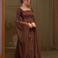 Retro Luxury Style Dark Brown Satin Beaded Square-Neck Long-Sleeve Gown - Elegant Dress for Dinner & Red Carpet NV6381