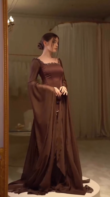 Retro Luxury Style Dark Brown Satin Beaded Square-Neck Long-Sleeve Gown - Elegant Dress for Dinner & Red Carpet NV6381