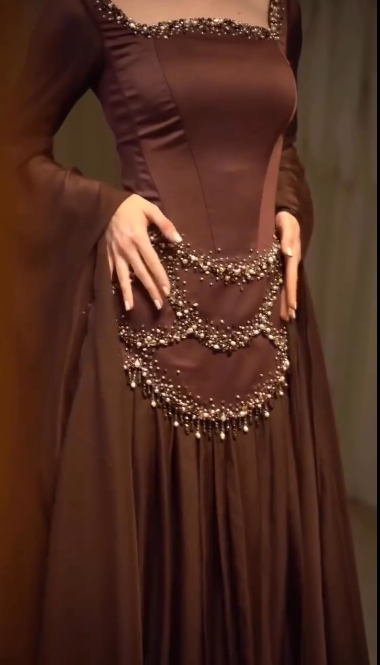 Retro Luxury Style Dark Brown Satin Beaded Square-Neck Long-Sleeve Gown - Elegant Dress for Dinner & Red Carpet NV6381
