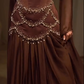 Retro Luxury Style Dark Brown Satin Beaded Square-Neck Long-Sleeve Gown - Elegant Dress for Dinner & Red Carpet NV6381