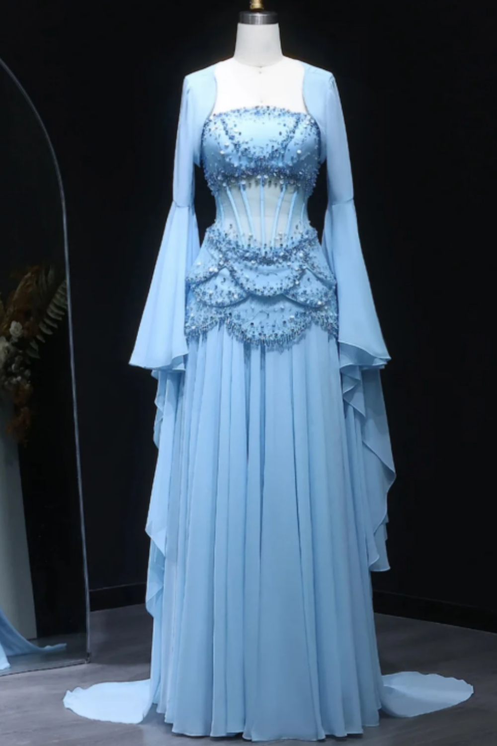 Fairy Luxury Court Style Light Blue Beaded Sheer-Sleeve Train Gown - Ocean Theme Wedding & Ball Dress NV6382