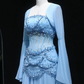 Fairy Luxury Court Style Light Blue Beaded Sheer-Sleeve Train Gown - Ocean Theme Wedding & Ball Dress NV6382