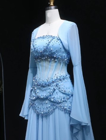 Fairy Luxury Court Style Light Blue Beaded Sheer-Sleeve Train Gown - Ocean Theme Wedding & Ball Dress NV6382