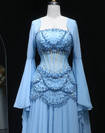 Fairy Luxury Court Style Light Blue Beaded Sheer-Sleeve Train Gown - Ocean Theme Wedding & Ball Dress NV6382