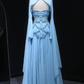 Fairy Luxury Court Style Light Blue Beaded Sheer-Sleeve Train Gown - Ocean Theme Wedding & Ball Dress NV6382