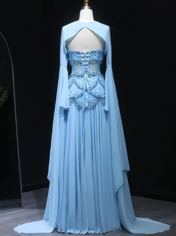 Fairy Luxury Court Style Light Blue Beaded Sheer-Sleeve Train Gown - Ocean Theme Wedding & Ball Dress NV6382