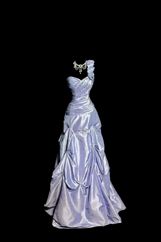 Purple exquisite pearl decoration retro long satin formal dress NV6612