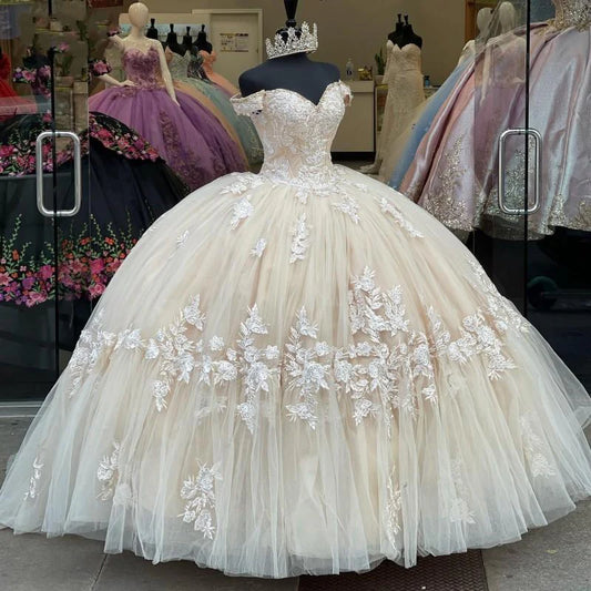 Langes champagnerfarbenes Quinceanera-Kleid mit Spitzenapplikationen, 15-jähriges Ballkleid, schulterfreies Ballkleid, Debütantinnenkleid, Ballkleid nv1999