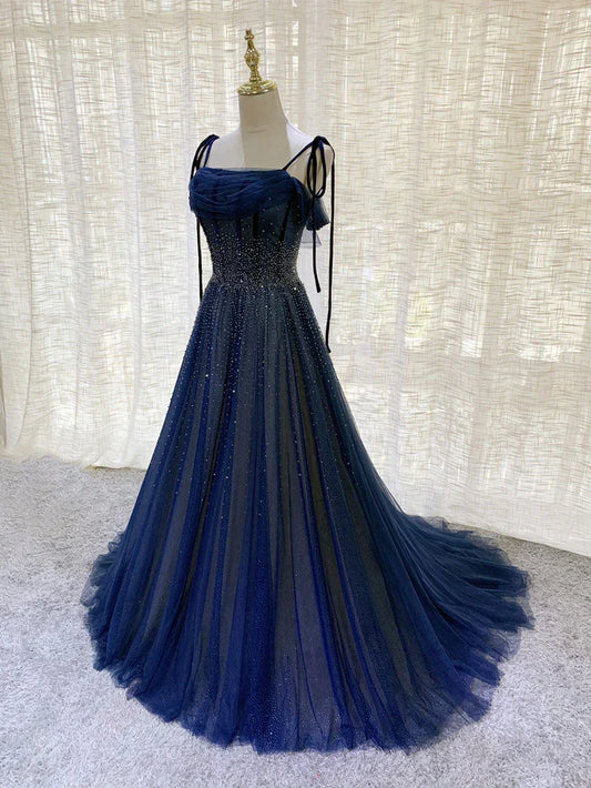 Robe de soirée longue en tulle bleu foncé à paillettes nv1912