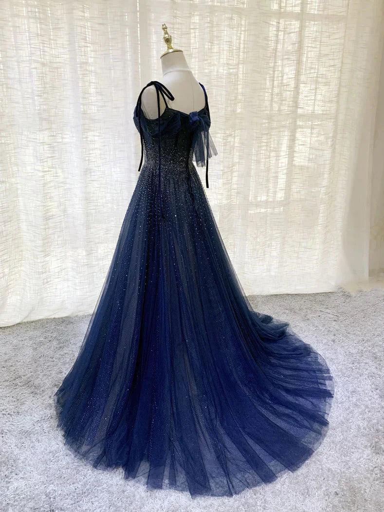 Robe de soirée longue en tulle bleu foncé à paillettes nv1912