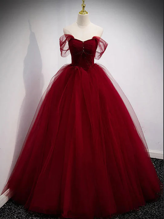 Robe de soirée longue en tulle rouge à épaules dénudées et à lacets avec appliques en perles et cœur nv1903
