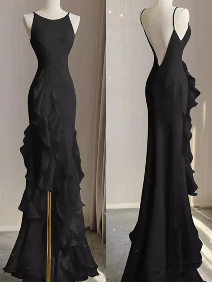 Black Mermaid Beach Wedding Dress With RufflesSpaghetti Straps Backless Prom Gown nv1123