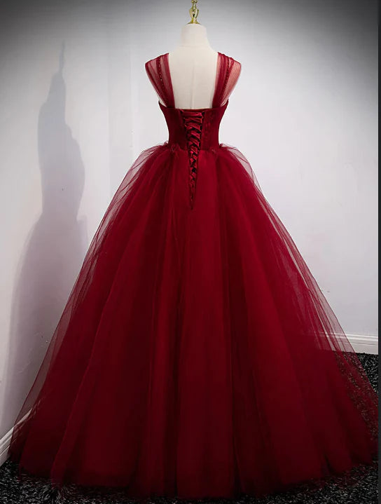 Robe de soirée longue en tulle rouge à épaules dénudées et à lacets avec appliques en perles et cœur nv1903