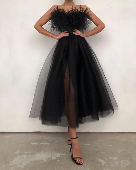 Black A Line Tulle Prom Dress Feather Evening Dress With Slit  nv1132