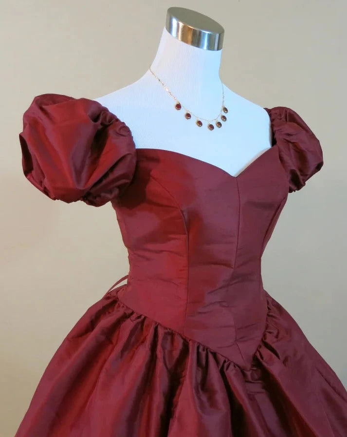 Burgundy A-line Short Sleeve Satin Princess Dress Ball Gown Evening Dress nv1905