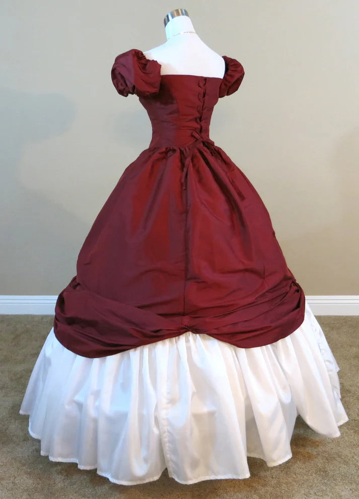 Burgundy A-line Short Sleeve Satin Princess Dress Ball Gown Evening Dress nv1905