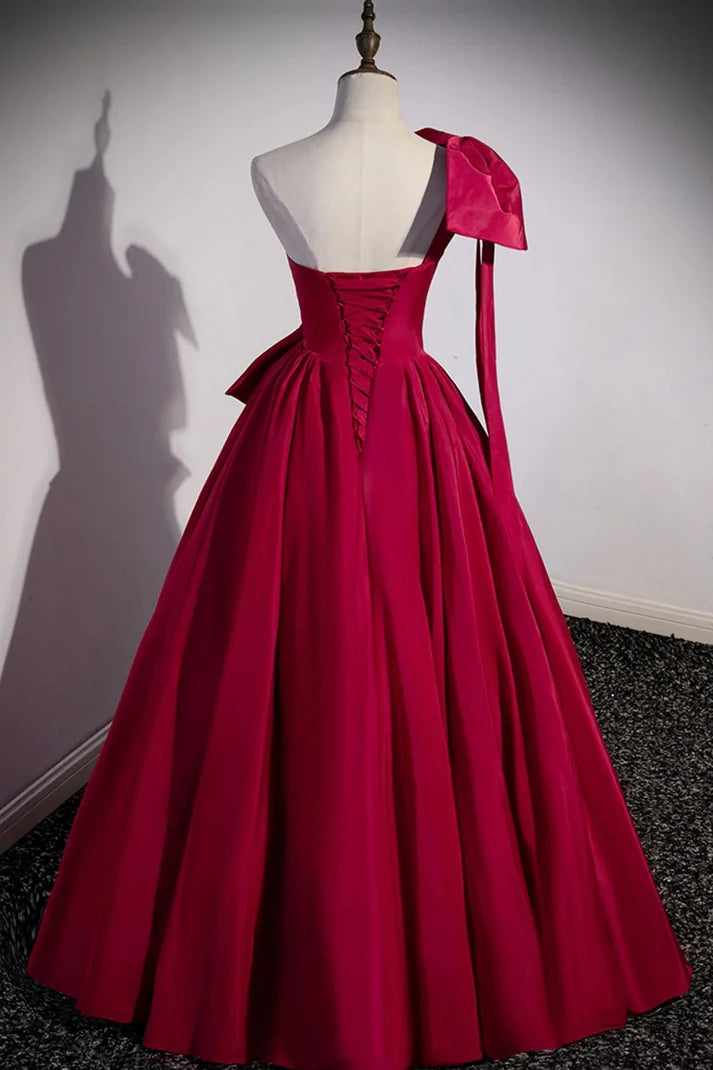 Robe de soirée longue en satin rose vif à une épaule et nœud nv1904