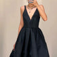 Black V-neck halter satin short prom dress evening homecoming graduation dress birthday dress nv2147