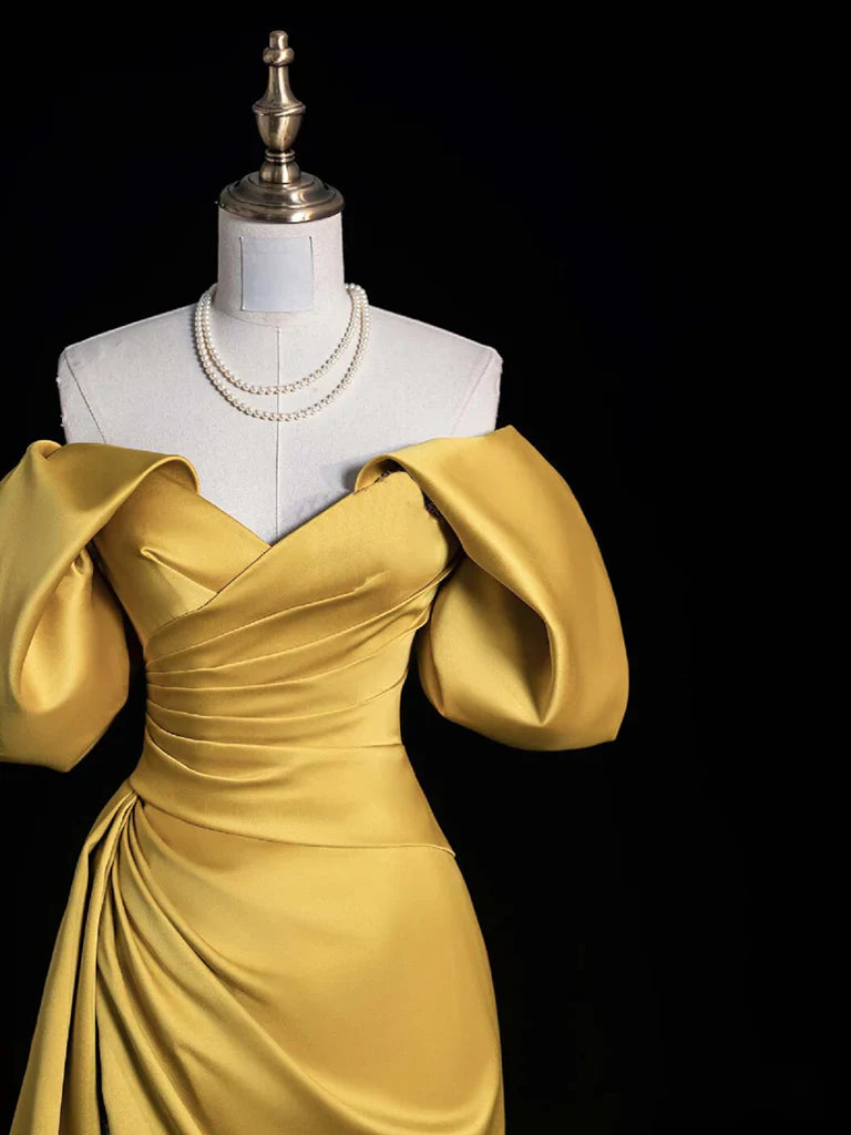 Robe de soirée longue en satin jaune à épaules dénudées et coupe A nv2194
