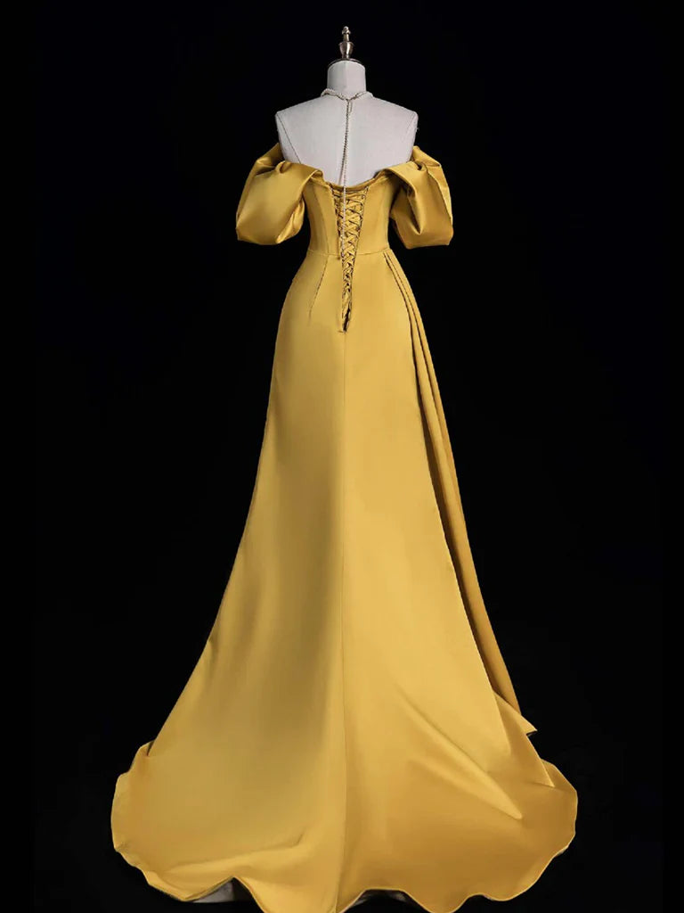Robe de soirée longue en satin jaune à épaules dénudées et coupe A nv2194