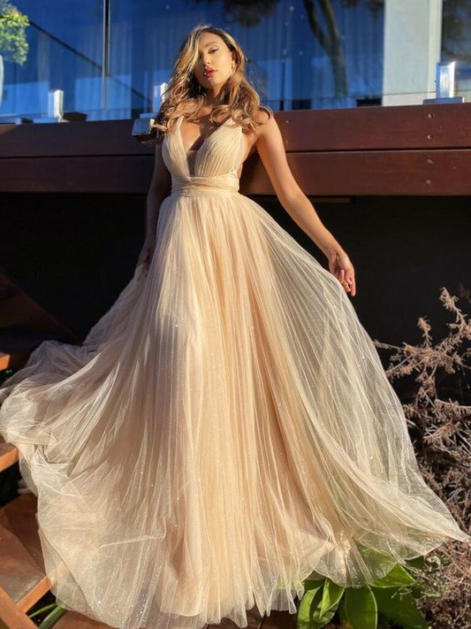 Champagner Ballkleid mit Spaghettiträgern, glänzendes formelles Abendkleid, NV1207