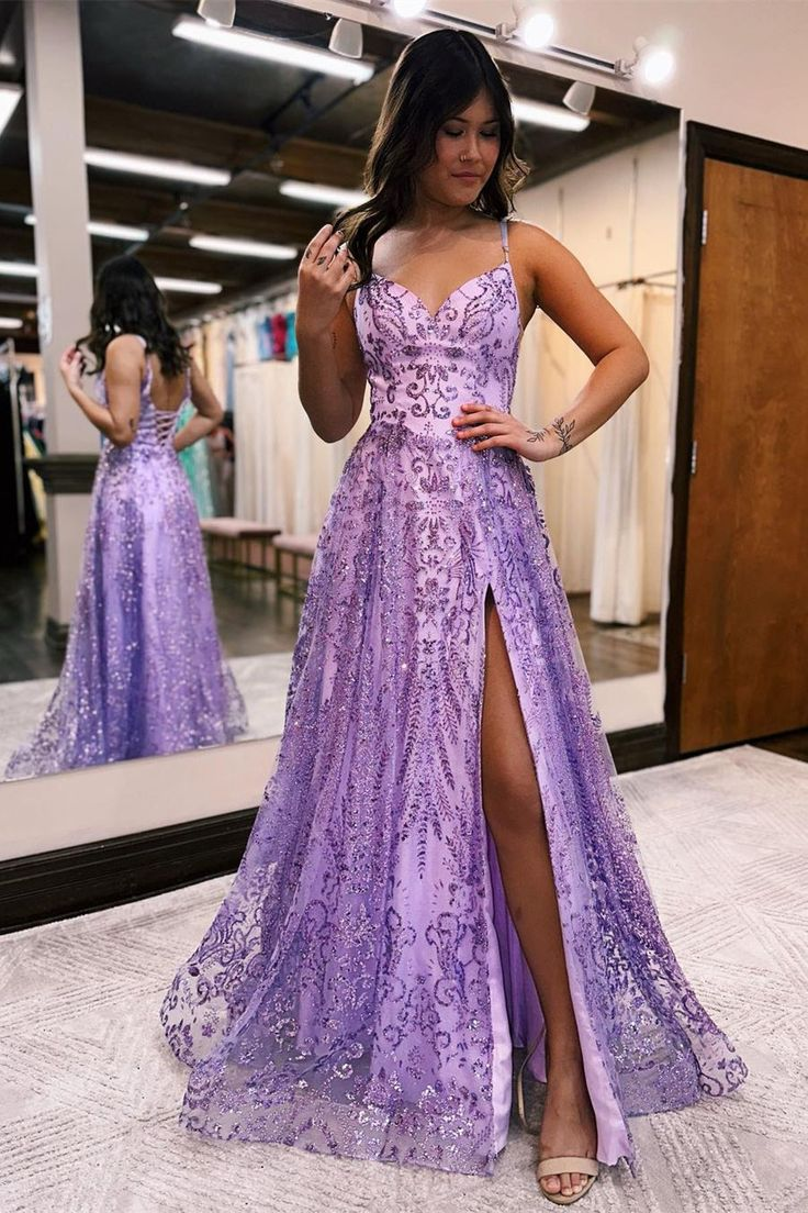 A-line Spaghetti Straps Lace Sleeveless Prom Dress With Slit nv1097