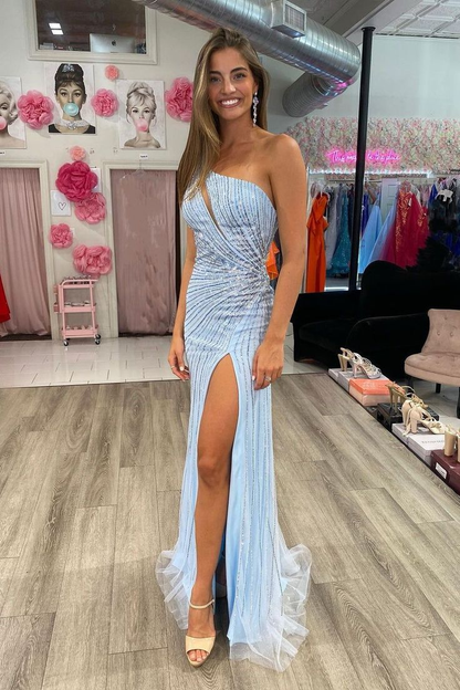 Elegant Sky Blue Sequined Spaghetti Straps backless Prom Dress With Slit nv1092