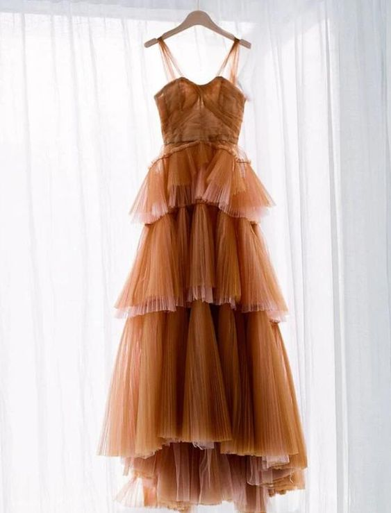 A Line Long Brown Tulle Prom Dresses nv1153