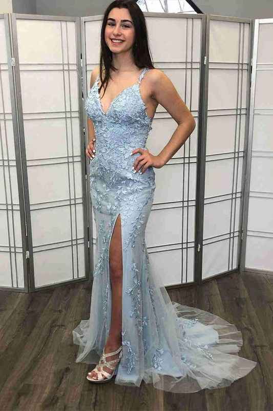 Light Blue Side Slit Prom Dress with Appliques nv1150