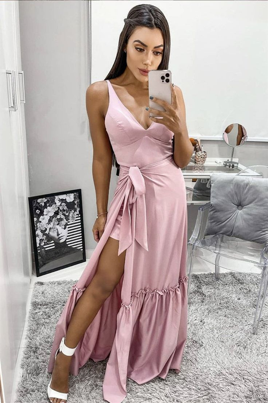 A Line V Neck Pink Long Prom Dress with High Slit nv1238