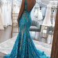 Sparkly Mermaid Deep V Neck Blue & Gold Sequins Lace Long Prom Dresses nv1268