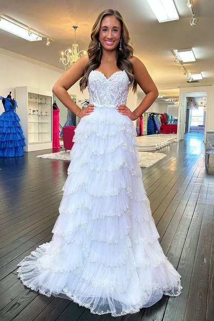 Charming A Line Sweetheart White Tulle Long Prom Dresses with Beading nv1230
