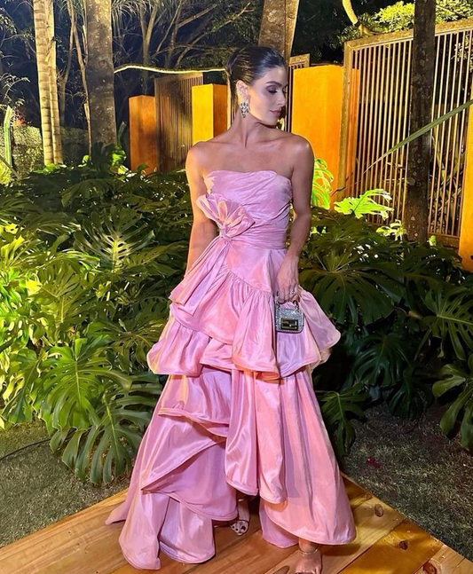 Rosa ärmelloses A-Linien-Ballkleid aus Satin, NV1180