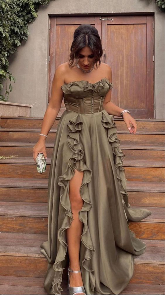 Ruffled Sleeveless Green Layered Long Prom Dress nv1234