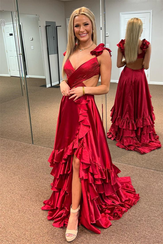 Rotes langes Ballkleid mit gerüschtem, gekreuztem Oberteil und Hi-Low-Lagen, nv1293