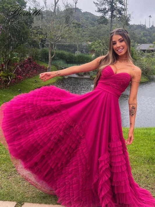 Rosa, mehrlagiges Ballkleid mit herzförmigem Ausschnitt, trägerloses A-Linien-Maxikleid aus Tüll, nv1188