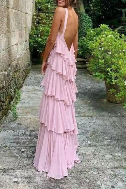 A Line Straps Tiered Chiffon Floor Length Long Prom Dress Pink Formal Evening Dresses nv1297