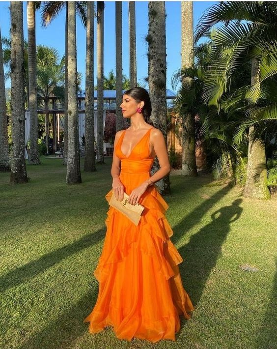 Orange Long Prom Dresses,V Neck Formal Dress Outfits nv1161