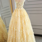 Yellow Lace  Long A-line Prom Dress Sleeveless Appliques Gown nv1118
