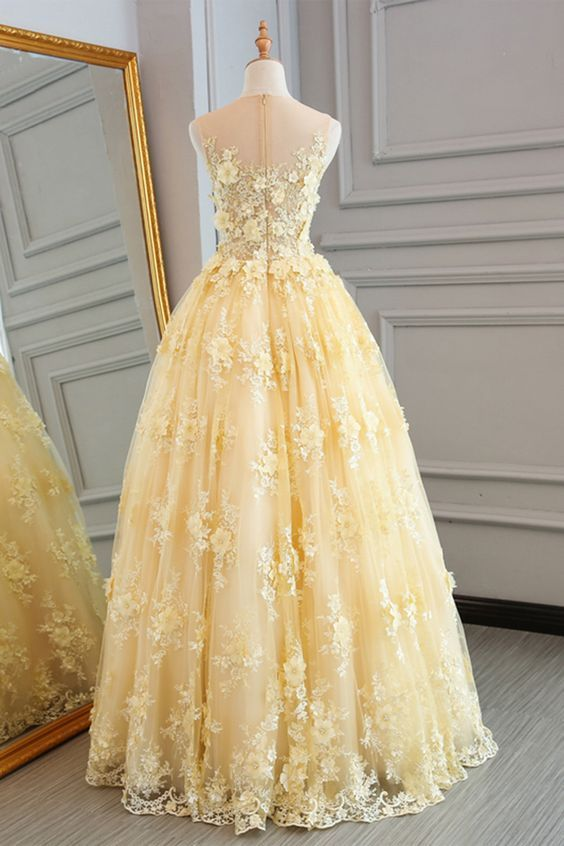 Yellow Lace  Long A-line Prom Dress Sleeveless Appliques Gown nv1118